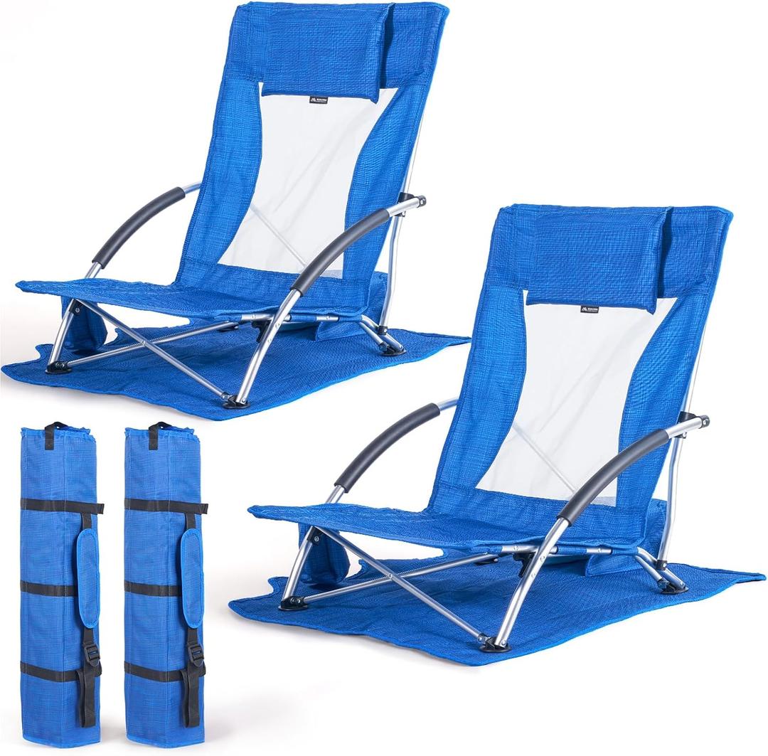 Huskfirm Low Beach Chairs 2 Pack, Backpack Beach Chairs for Adults Blue | Folding Lightweight Aluminum Beach Chair with Cup Holder & Carry Bag, Heavy Duty Beach Chair Set for Beach, Camping, Concerts