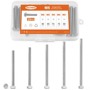 M5 x 60mm 65mm 70mm 75mm 80mm Heavy Duty Hexagon Bolts Hex Head Screws, 304 Stainless Steel, Metric Fully Thread, Machine, Bright Finish, Assortment Kit 25 PCS