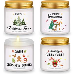 4 Pcs Christmas Scented Candles Gift Set 3.38 oz Mini Soy Wax Xmas Fresh Aromatherapy Holiday Jar Candle Gifts Christmas Tree Cookies Candy Cane Snowman Scent for Women Men