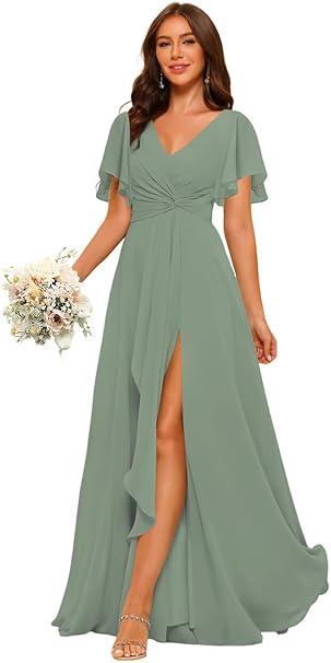 PUXIU Women's Chiffon Bridesmaid Dress 2026 Short Sleeves Formal Dress PUS032, Size: 2