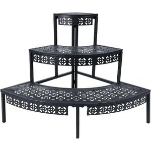 3 Tier Plant Stand Semi-Circular Flower Pot Organizer Rack Quarter Round Plant Display Holder Outdoor Storage Shelves Metal Corner Shelf Planter Shelving Ladder Plant Stand for Indoor Use(Black)
