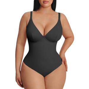 FeelinGirl Shapewear Bodysuits for Women Tummy Control Body Suits Deep V Neck Thong Body Shaper (X-Large, Black)