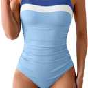 Women's Ribbed One Piece Swimsuits Color Block Tummy Control Bathing Suit Slimming 1 Piece Swimwear (XX-Large, Blue-white-sky Blue)
