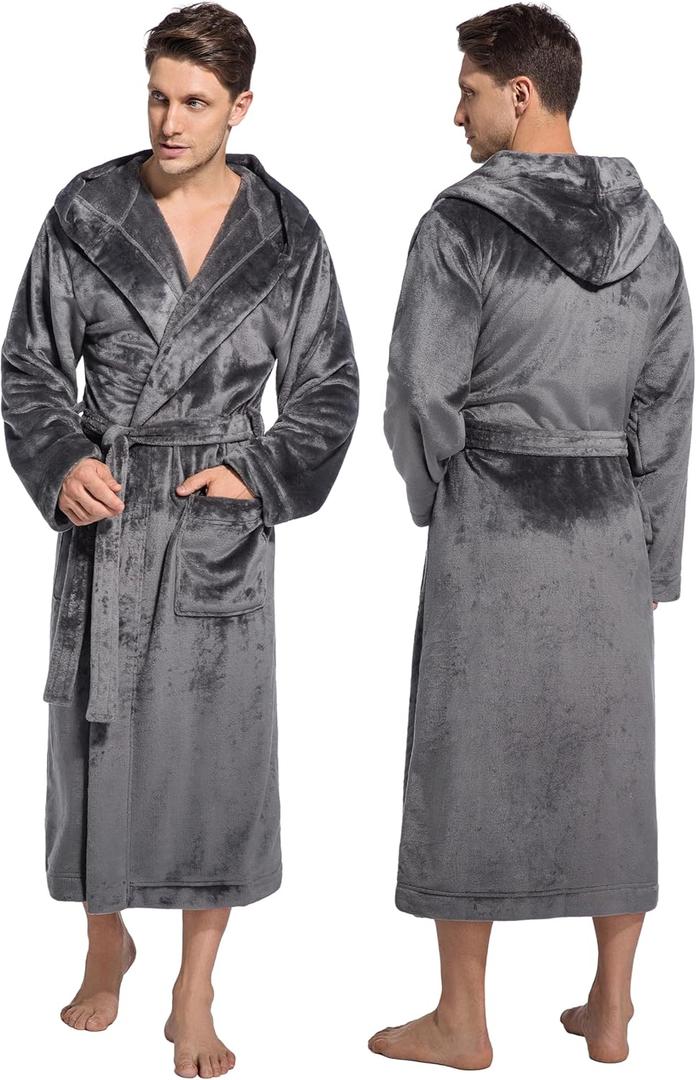 ToastyLife Mens Hooded Robe Ultra Soft Fluffy Flannel with Big Pockets Fleece Plush Luxurious House Coat Calf Length Cozy Warm Bathrobe (Dark Grey, XL)