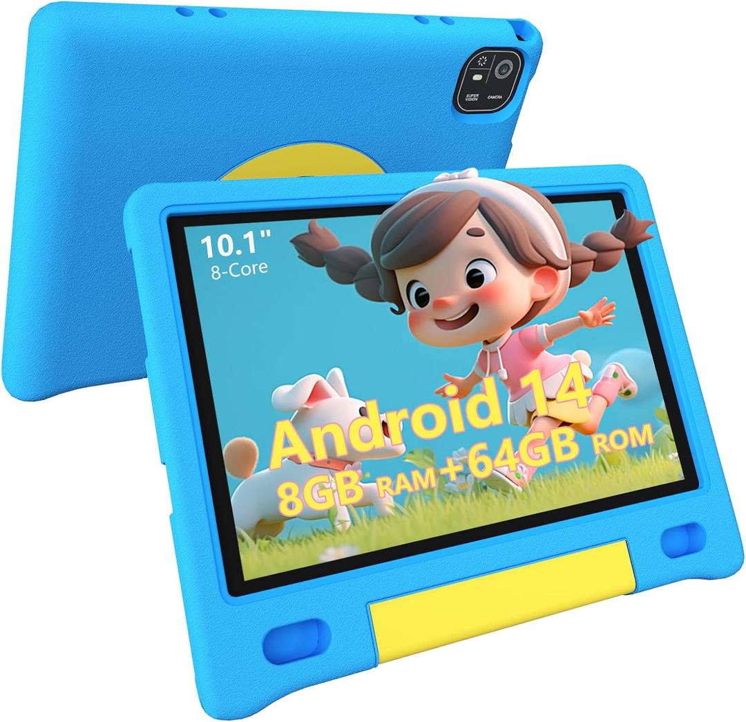 Kids Tablet 10", Android 14, 8GB+64GB (1TB Expandable), Octa-Core, 1280800 HD Display, Dual Cameras, 12-Hour Battery, Parental Controls, Childs Tablet with Shockproof EVA Case