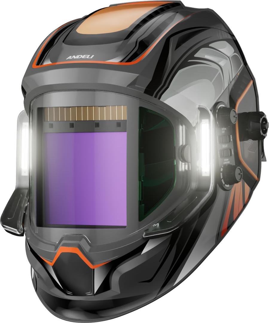 ANDELI Welding Helmet - Panoramic 180 View 3.94"X3.74",True Color Auto Darkening Welding Helmet with Light, 4 Arc Sensor, 4/5-8/9-13 Type-C Charging Moner LED