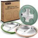 SPMKTQK 3Pack Sainless Steel Kids Plates with Suction, 8.1 Divided Toddler Baby Plates with Removable Silicone Sleeves BPA Free Non-Slip 2-in-1 Anti Breakage Metal Toddler Bowls (Light green, Dark green, Earth yellow)