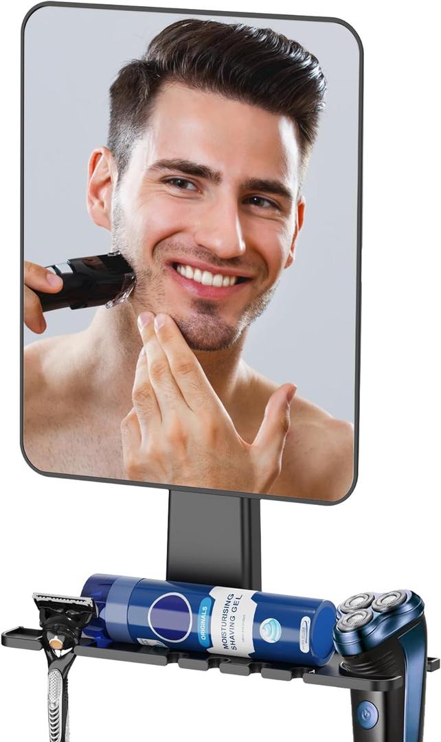 Shower Mirror Fogless for Shaving, Fogless Mirror for Shower with Razor Holder, NO-Drilling & Removable, Shatterproof & Waterproof with 2 Adhesive Hooks