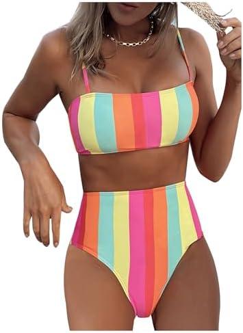 SOLY HUX Women's Bathing Suits Striped Spaghetti Strap High Waisted Bikini Sets Two Piece Swimsuit L