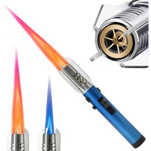 Camping Torch Lighter, Bright Fire Windproof Butane Refillable Straight Flame Lighter with Safety Lock and Adjustable Red Blue Flame for Tactical Outdoor Hiking Campfires BBQ Kitchen Candles (Blue)