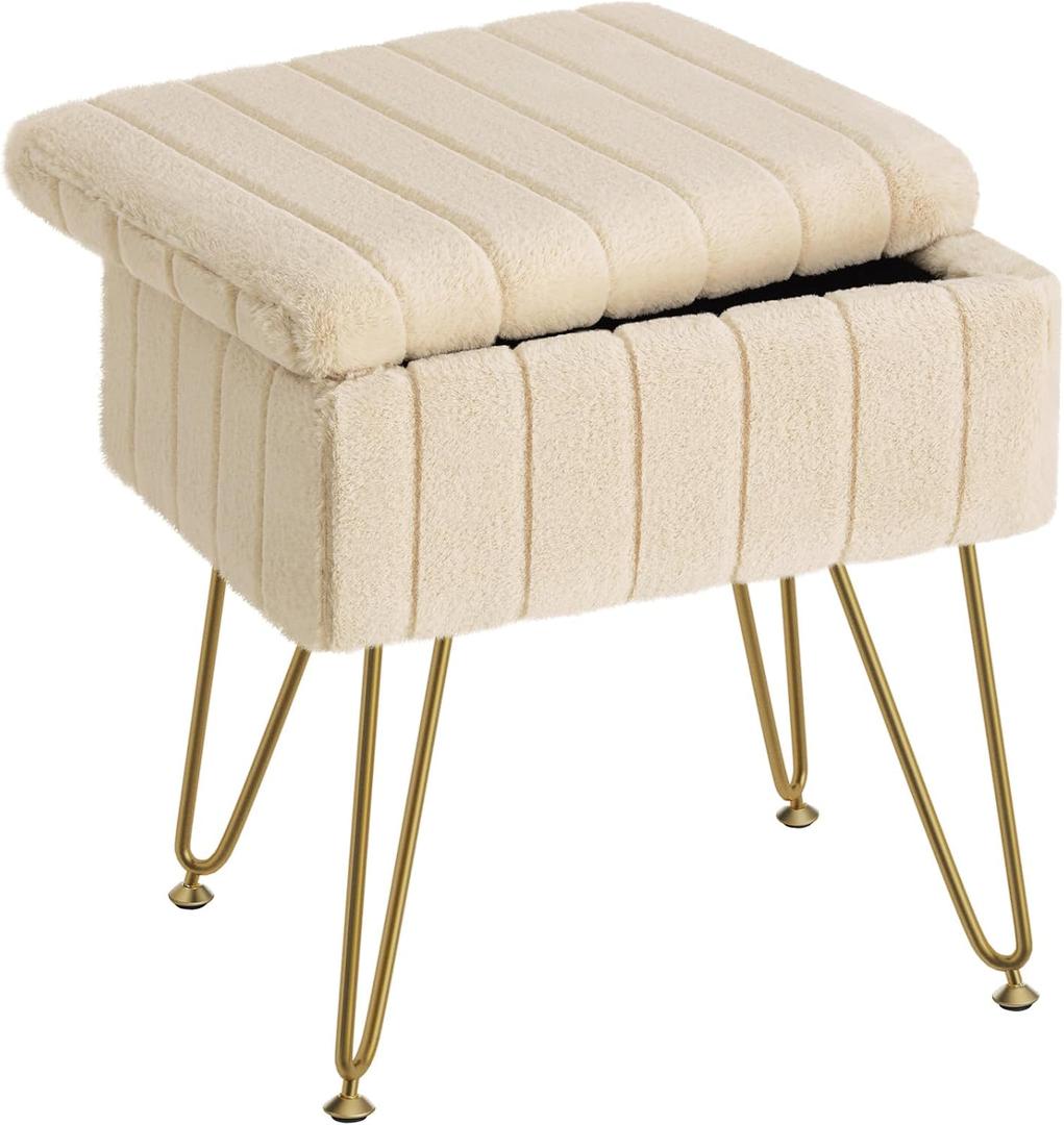 Greenstell Vanity Stool Chair Faux Fur with Storage, 15.7"L x 11.8"W x 19.4"H Soft Ottoman 4 Metal Legs with Anti-Slip Feet, Furry Padded Seat, Modern Multifunctional Chairs for Makeup, Bedroom,Camel