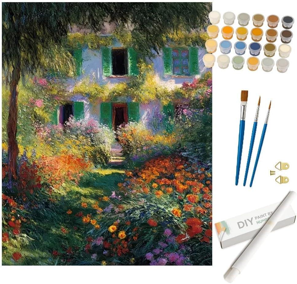 Impressionist Paint by Numbers Kit for Adults - DIY House with Garden Painting on Rolled Canvas 16x20 Inch, Acrylic Paint Set, Suitable for Beginners, Floral Art for Home Decoration or Gifts