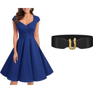 Bbonlinedress Women 1950s Retro Vintage Cocktail Dress Royal Blue XL + Womens Elastic Wide Waist Belts Black, XL