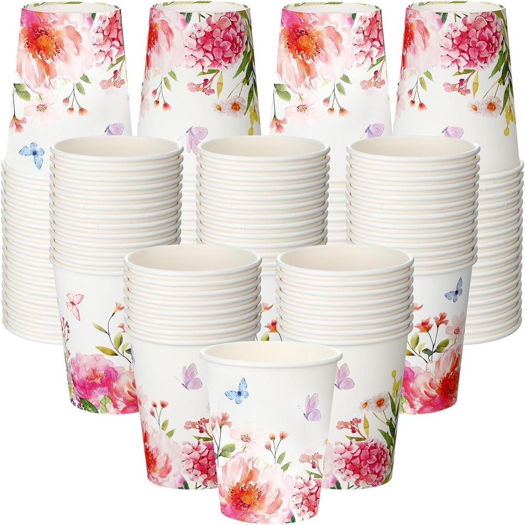 Maxcheck 100 Pcs Floral Party Supplies Bulk Summer Flower Paper Coffee Cups Disposable 9 oz Drinking Tea Cups for Tea Party Hot Cold Drinks Wedding Birthday Bridal Baby Shower(Pink Purple Flower)