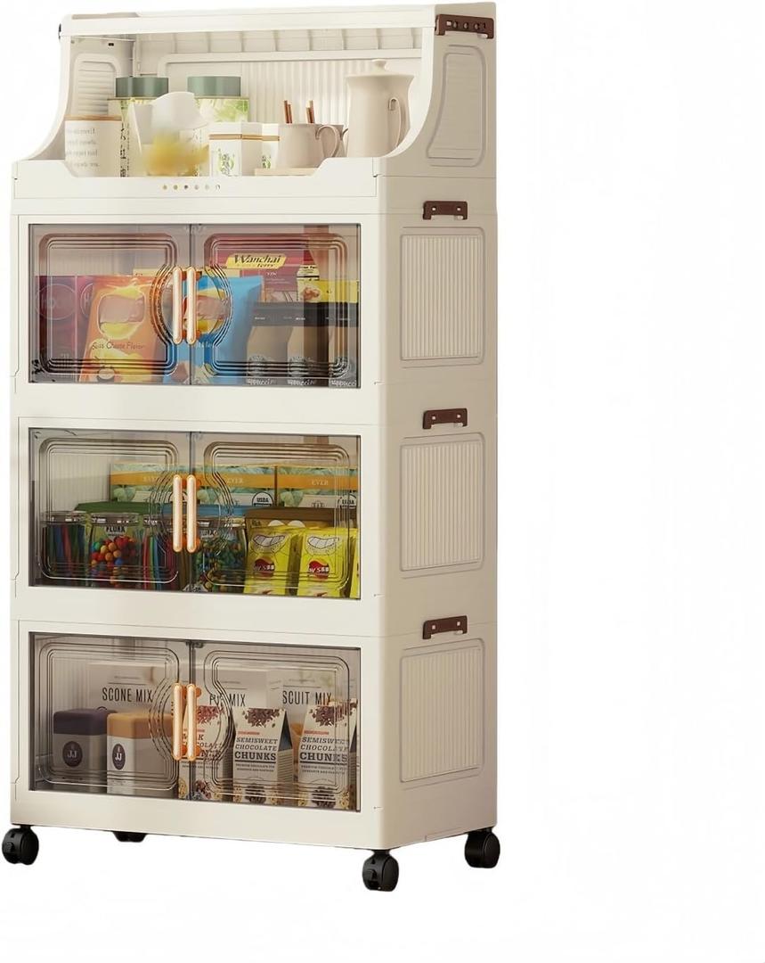 174QT Stackable Storage Bins with Lids & Rack, 4 Tier Large Capacity Foldable Storage Cabinet, Clear Collapsible Pantry Organizer for Home, Kitchen, Bathroom, Dorm, Office, 4 Tier 43.5QT