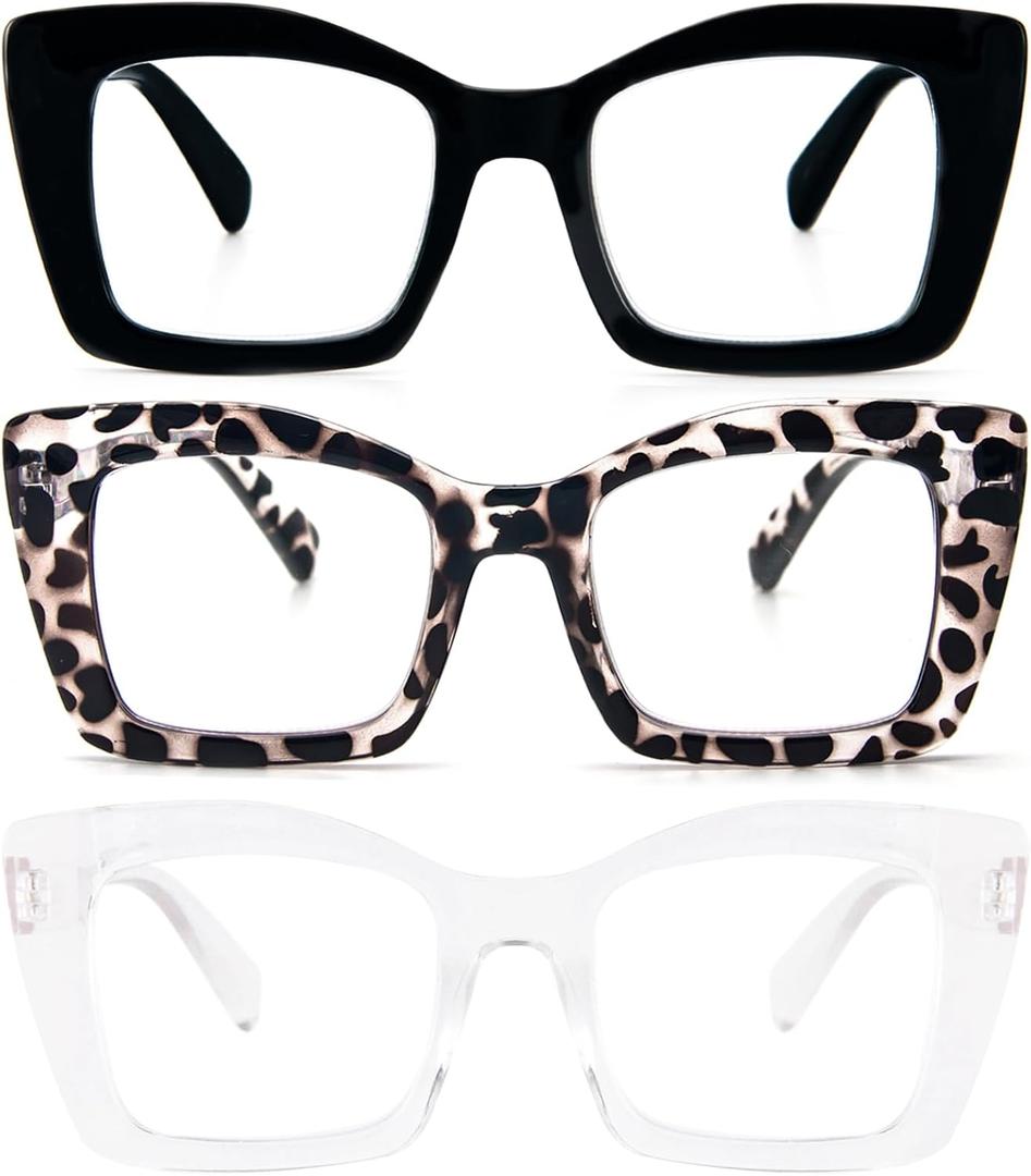 REAVEE Oversized Square Reading Glasses for Women, Blue Light Blocking Large Frame Computer Readers Spring Hinge (Black/Transparent Tortoise/Clear)