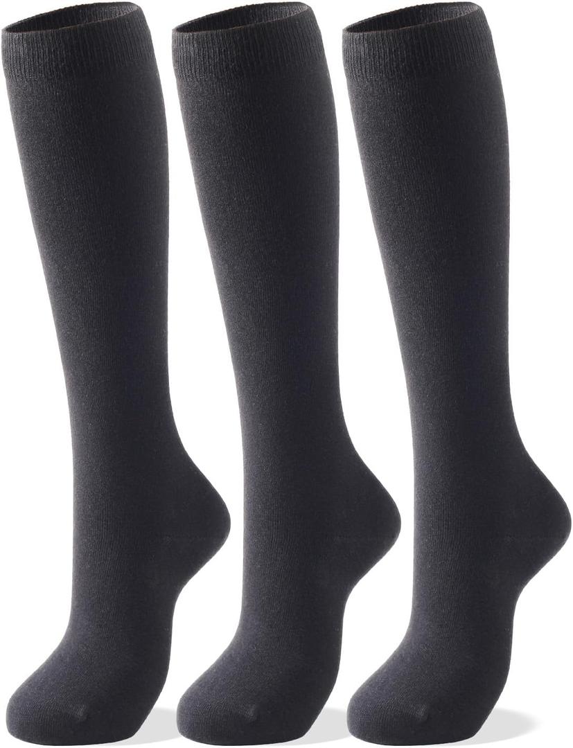 COTTON DAY Women's Soft Combed Cotton Knee High Calf Long Socks Seamless Toe Black White Gray Navy Blue (6-9, Plain Black)