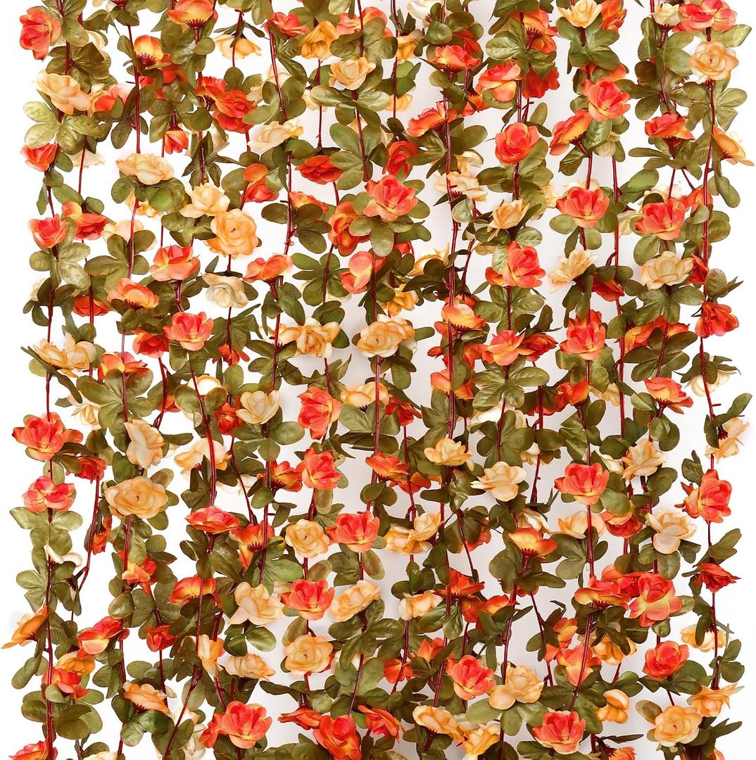 KHOYIME 9 Pack 72 FT Artificial Flower Garland, Fake Orange Roses Vines Silk Flowers Faux Plastic Outdoor Hanging Floral Garland Fall Autumn Decoration for Indoor Table Home Wall Backdrop Room Decor, 9PCS