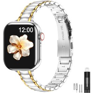 MioHHR Thin Metal Bands Compatible with Apple Watch Band Ultra3/2/1 Series 11 10 9 8 7 6 5 4 3 2 1 SE3/2/1,Slim Narrow Stainless Steel Strap for Women iWatch 49mm 46mm 45mm 44mm 42mm 41mm 40mm 38mm