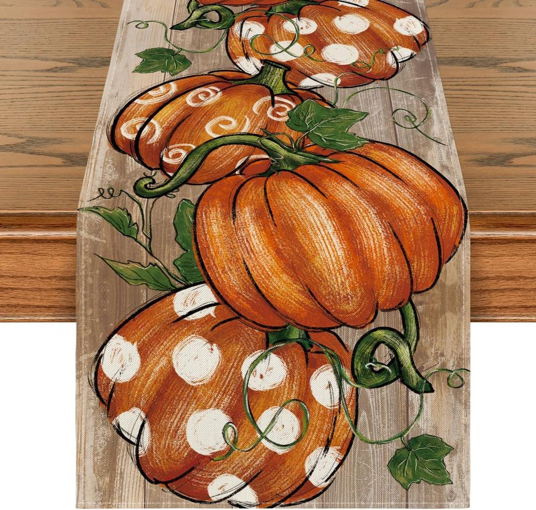 Artoid Mode Polka Dot Pumpkins Vine Fall Table Runner, Seasonal Autumn Thanksgiving Kitchen Dining Table Decoration for Home Party Decor 13x72 Inch (Wood)