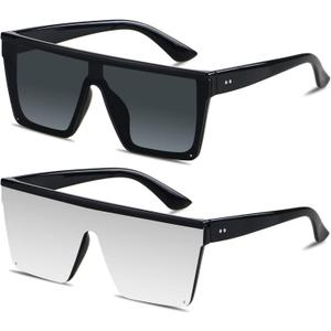 LYZOIT Square Oversized Sunglasses for Women Men Big Flat Top Fashion Shield Large UV Protection Rimless Shades ((2packs) Glossy Black + Silver)