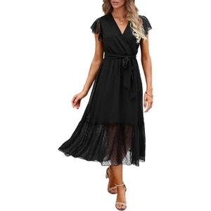BTFBM Women Summer Bohemian Floral Casual Wrap V Neck Ruffle Cap Sleeveless Belt A-Line Pleated Hem Midi Sun Dress White (Swiss Dot Black), Small