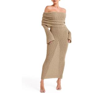 Saodimallsu Womens Off Shoulder Summer Maxi Dress Bell Long Sleeve Sexy Bodycon Strapless Sheer Beach Swimsuit Coverup (Beige)