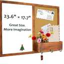 TORASO Dry Erase Board & Cork Board, Whiteboard & Bulletin Board Combo, 17.7"23.6"Wall-Mounted Mail Sorter, & Key Hooks, Solid Pine Wood Walnut Brown Frame(Mail BB-BN-4560)