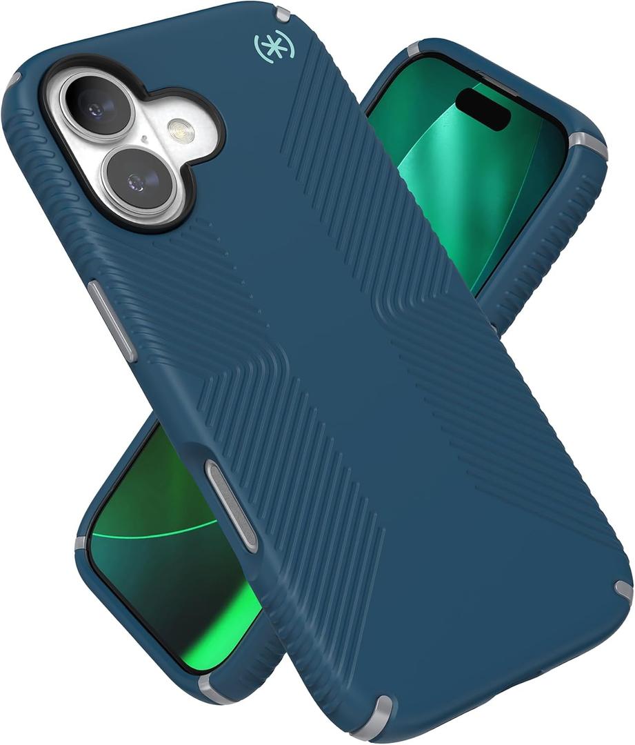 Speck PRESIDIO2 Grip for iPhone 17 Case, MagSafe-Compatible, Slim Protective Case, DEEP SEA/Silver Metallic/Spell Blue