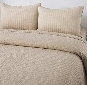 Soul & Lane Pure Bliss 100% Cotton Beige 2-Piece Quilt Set with Stitching (Twin) | with 1 Sham Pre-Washed Machine Washable Medium Weight Bedspread Coverlet