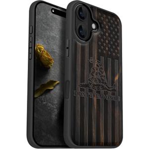 Carveit Wooden Case for iPhone 16 Case Black Soft TPU Shockproof Cover | Magnetic, Wood Artisan Engraved, Compatible with MagSafe Wireless Chargers, Gadsden and American Flag, Blackwood 