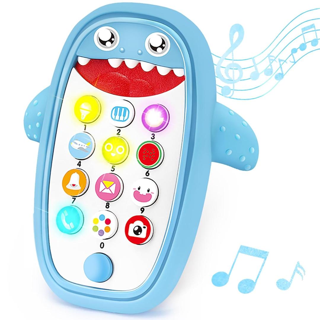 Baby Shark Cell Phone Toy Removable Teether Case, Light, Music & Adjustable Volume Kids Play & Learn Fake Phone Infant Toddler, Preschool Holiday Birthday Present for Girl Boy 12 Months (Blue)