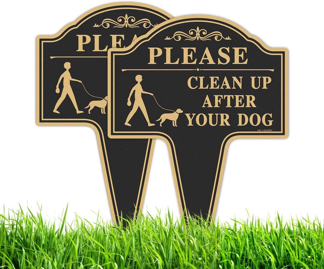 T&R Large Please Clean Up After Your Dog Sign with Stake - 2 Pack - 14 x 10 Rust Free Heavy Aluminum Sign for Outside, UV Protected, Waterproof and Fade Resistant, Easy to Install