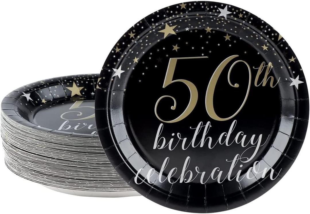 Juvale 50th Birthday Plates - 9 In, Black, 80 Count - Sturdy Disposable Paper Dinner Plates for 50th Birthday Party & Star-Print Design
