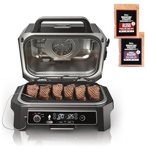 Ninja | Grill & Smoker | Outdoor Woodfire Pro XL | 4 in 1 Grill, BBQ Smoker, Air Fryer & Bake | Portable | Includes Built in Thermometer & 2 Woodfire Pellet Packs | Dark Grey | OG850