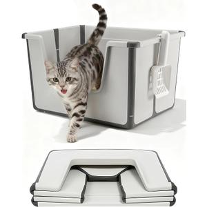 Portable Cat Litter Box for Kitty & Adult Cats (16x20x12), Durable Travel Litter Box for Cat with PP Material Anti-Slip for Indoor & Outdoor, High Side, Open Top, Includes Scoop (L/Grey)