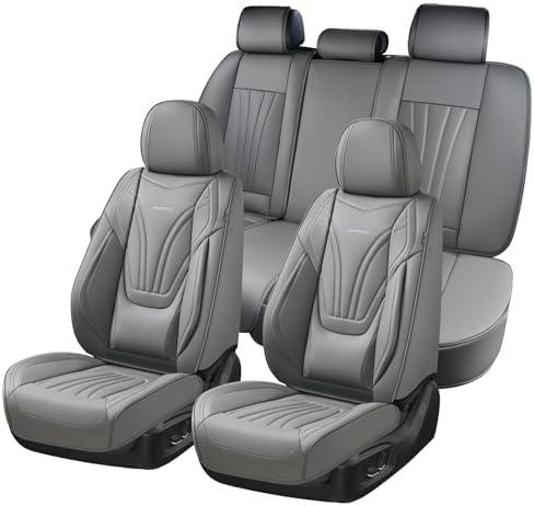 Coverado Car Seat Covers Full Set, 5 Piece Car Seat Protector with Lumbar Support & Removable Headrest, Breathable Leather Front Rear Seat Cushion Universal Fit for Truck Automotive Gray
