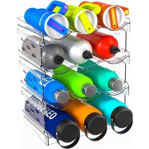 Stackable Water Bottle Organizer for Cabinet,for 40 oz Stanley Cup Storage Organizer,Clear Wine Bottle Holder and Cup Organizer for Kitchen Cabinets,Countertop and Refrigerator,4 Tier Hold 12 Bottle