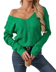 Libsorge Womens V Neck Cardigan Sweaters for Women Leaf Crochet Reversible Sweaters Fall 2025 Sexy Cropped Lightweight Hollow Out Knit Off The Shoulder Long Sleeve Button Pollover Tops Green M