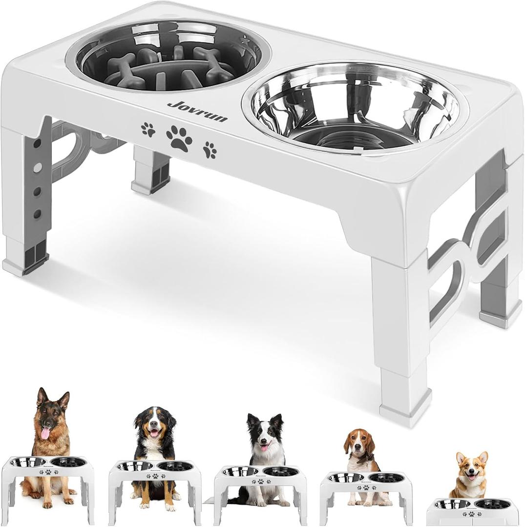 Jovrun Elevated Dog Bowls for Medium Large Size Dogs, Non-Slip Dog Feeder with 1*Stainless Steel Dishes & 1*Slow Feeder Bowl, 5 Heights Adjustable Raised Bowls to 3.15-8.66-9.84-11.02-12.2 (White)