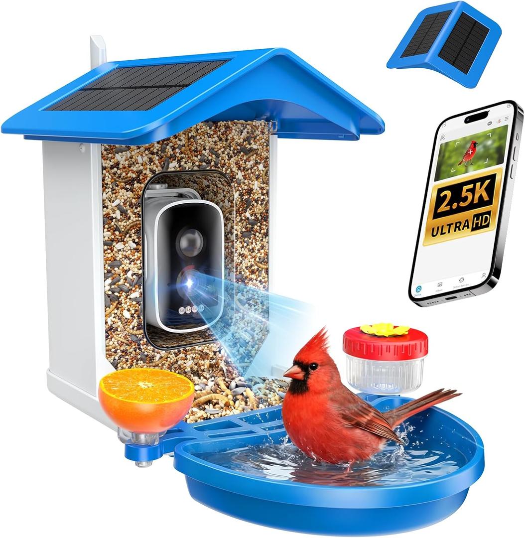 Smart Bird Feeder with Camera 2.5K QHD, AI Identify 16000+ Birds, Auto-Capture & Motion Detection, IP65 Waterproof, 5W Solar Panel, 140 Field of View, Bird Watching Gift