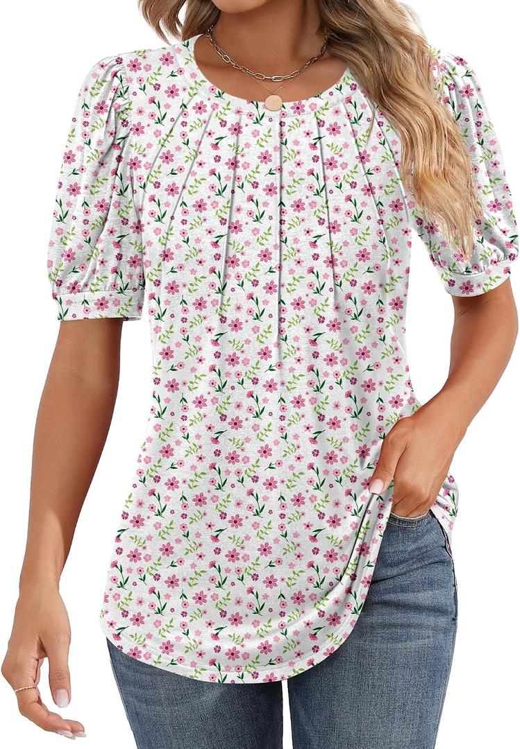 Riyiper Women's Short Sleeve Pleated Tops Crew Neck Puff Sleeve Spring Blouses Tunic Top Summer Dressy Casual T Shirt (White)