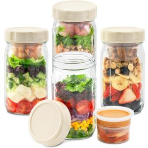 SOLIGT 4 Pack Glass Salad Jars with Lids Meal Prep, Leakproof Container for Lunch, Two Small Built-in Boxes with Wet/Dry Separation for Salad Dressing and Dry Ingredients, 32oz Mason Jars (Apricot White)