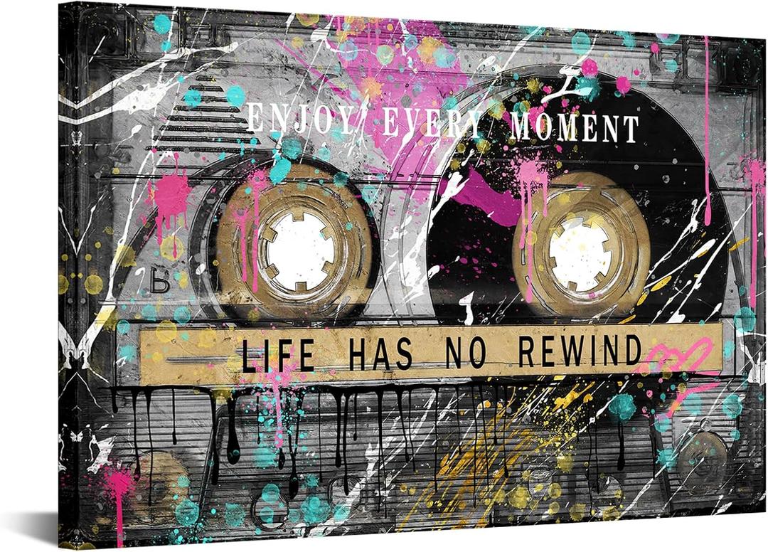 KREATIVE ARTS Vintage Graffiti Street Art Canvas Retro Cassette Tape Life Quote Wall Art Inspirational and Motivational Office Decor 24x36 Inch Stretched Canvas Ready to Hang