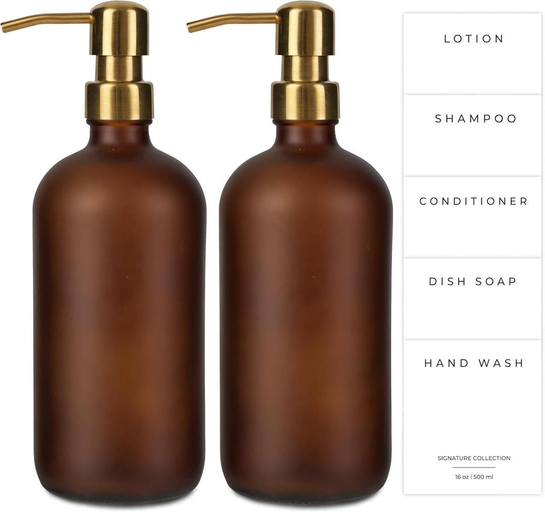 Essentials Glass Soap Bottle Dispensers, 2 Pack, Stainless-Steel Pumps Rust-Free, Hand Set for Bathroom Kitchen Sink, Liquid Lotion Shampoo Jars , 16 Oz