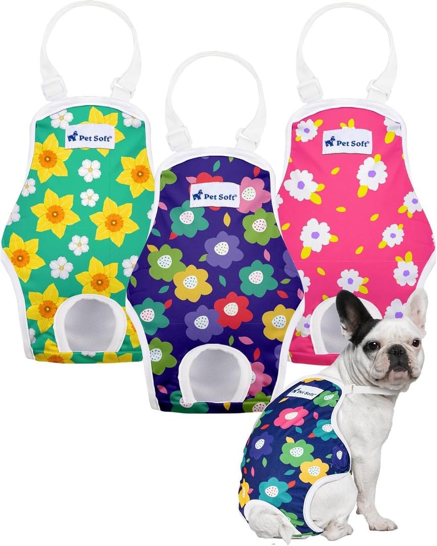 Pet Soft Dog Diapers Female Onesie Sanitary Pantie with Adjustable Suspender, Colorful Pattern Washable Puppy Diapers Female, Super Absorbent Underwear Dog Diaper for Heat (Floral, M, Pack of 3)