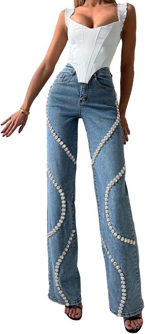 Unybwonn Women High Waist Jeans Rhinestone Trim Bling Baggy Denim Pants Y2k Straight Wide Leg Trousers Streetwear (XX-Large, Blue)