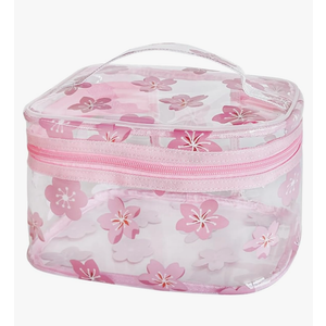 Clear Pink Flower Cosmetic Bag and Travel Pouch with Handle-Durable PVC Material,Versatile,Zipper Design for Smooth Sliding-Ideal for Makeup,Travel Essentials
