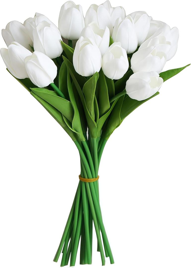 20 PCS Tulips Artificial Flowers, Real Touch Fake Flowers, White Artificial Tulips That Look Real Wedding Decorations Mother's Day Easter Gifts (20, White)