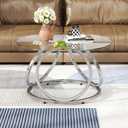 O&K FURNITURE Silver Coffee Table, Modern Glass Coffee Table Living Room Table with Ring-Shaped Frames, Glass Coffee Table for Home&Office, Chrome Finish, 1 PC | Modern, Living Room Table, Glass Coffee Table, Home&Office, 1 PC, 31.9"D x 31.9"W x 17.7"H